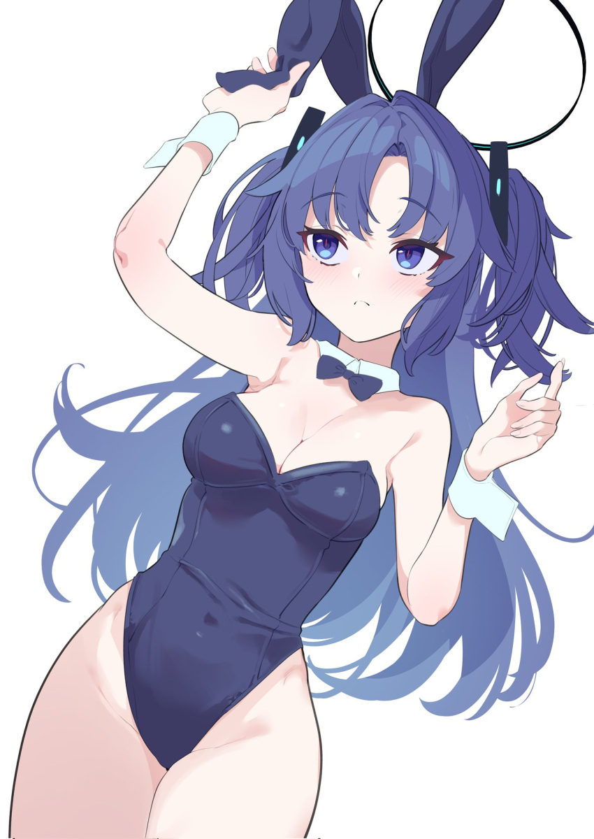 1girl alternate_costume animal_ears arm_up armpits bare_shoulders black_halo blue_archive blue_bow blue_bowtie blue_eyes blue_hair blue_leotard blush bow bowtie breasts cleavage closed_mouth collar covered_navel cowboy_shot detached_collar fake_animal_ears groin hair_intakes halo hands_up highleg highleg_leotard highres holding_ear leotard long_hair looking_up medium_breasts parted_bangs rabbit_ears simple_background solo sutora_binsuke thick_thighs thighs two_side_up white_background white_collar white_wrist_cuffs yuuka_(blue_archive)