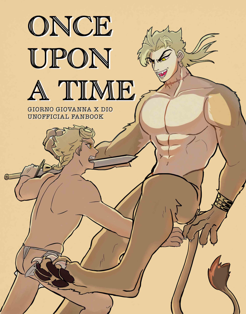 absurd_res alternate_species asian_clothing boni_(artist) bracelet_only claws clothing dio_brando duo east_asian_clothing english_text felid felid_taur fundoshi giorno_giovanna hi_res japanese_clothing jojo's_bizarre_adventure lion lion_taur male mammal mammal_taur melee_weapon mostly_nude muscular nude open_mouth pantherine pantherine_taur pawpads simple_background size_difference smile sword tail tail_tuft taur text tuft underwear weapon