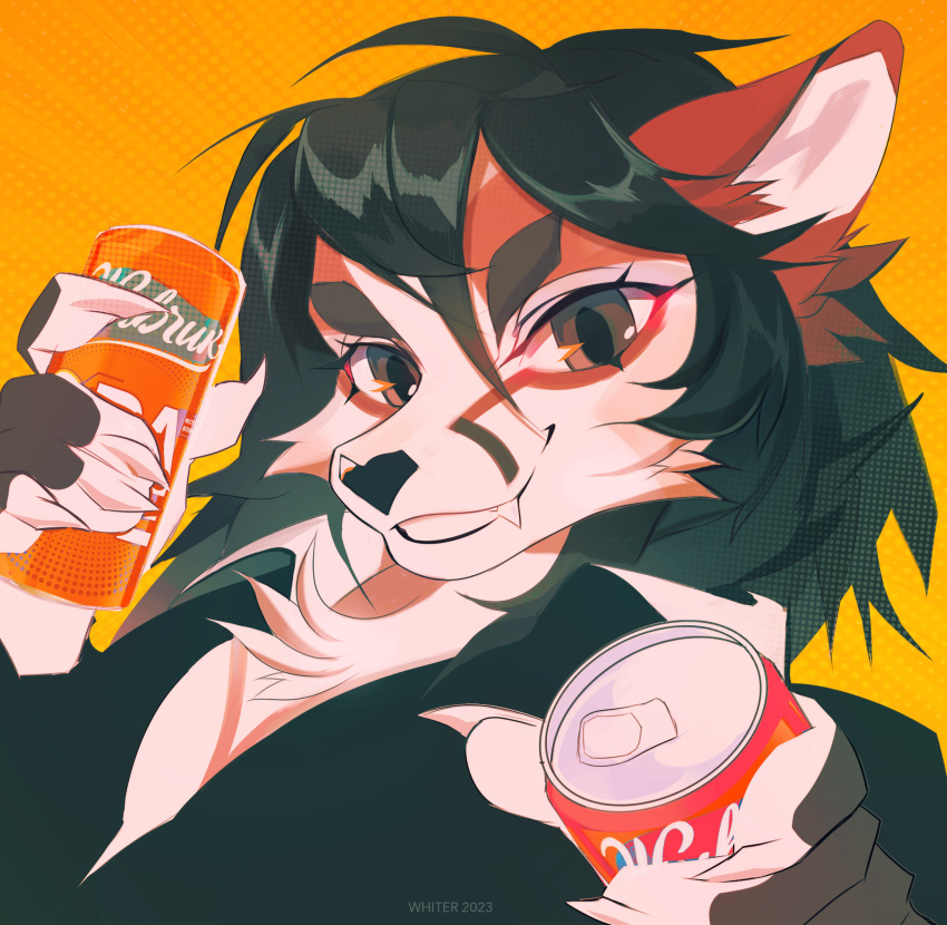 anthro beverage black_clothing black_hair black_topwear brown_eyes bust_portrait can cheek_tuft chest_tuft clothed clothing container facial_tuft fangs female fur glistening glistening_eyes hair hi_res holding_beverage holding_can holding_container holding_object looking_at_viewer orange_body orange_fur portrait red_body red_fur solo teeth topwear tuft unknowhiter