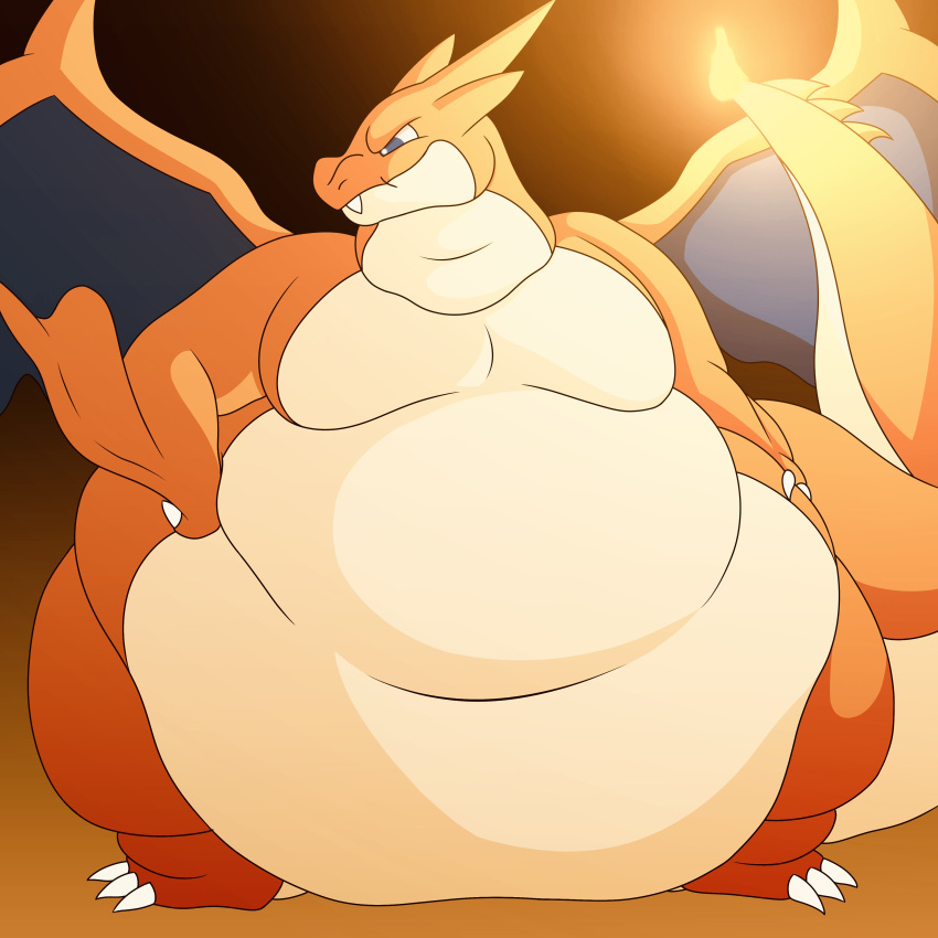 absurd_res ambiguous_gender anthro belly big_belly blue_eyes charizard game_freak generation_1_pokemon hi_res huge_belly male mega_charizard mega_charizard_y mega_evolution morbidly_obese nintendo obese orange_body overweight pichurria pokemon pokemon_(species) solo wide_hips wings