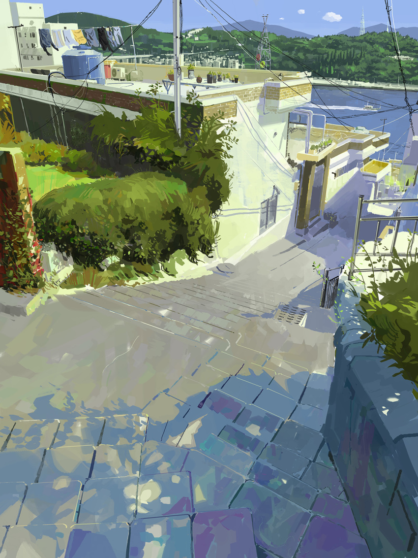 apartment blue_sky building cloud cloudy_sky fern forest highres house mountainous_horizon nature no_humans original painting_(medium) plant river sky slow_d stairs tile_floor tiles traditional_media utility_pole water