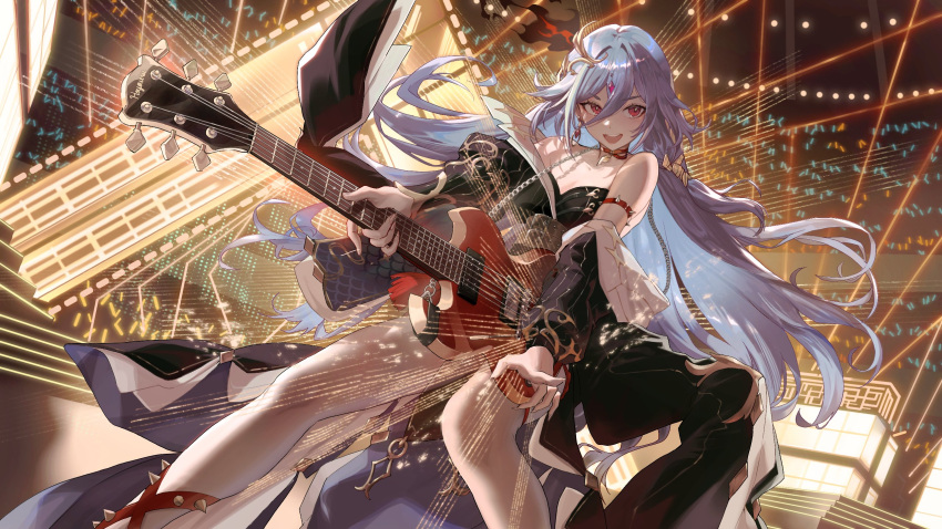 1girl bare_shoulders earrings feet_out_of_frame fu_hua fu_hua_(herrscher_of_sentience) grey_hair guitar hair_between_eyes highres holding holding_instrument honkai_(series) honkai_impact_3rd indoors instrument jewelry long_hair looking_at_viewer open_mouth salmon88 solo teeth upper_teeth_only very_long_hair