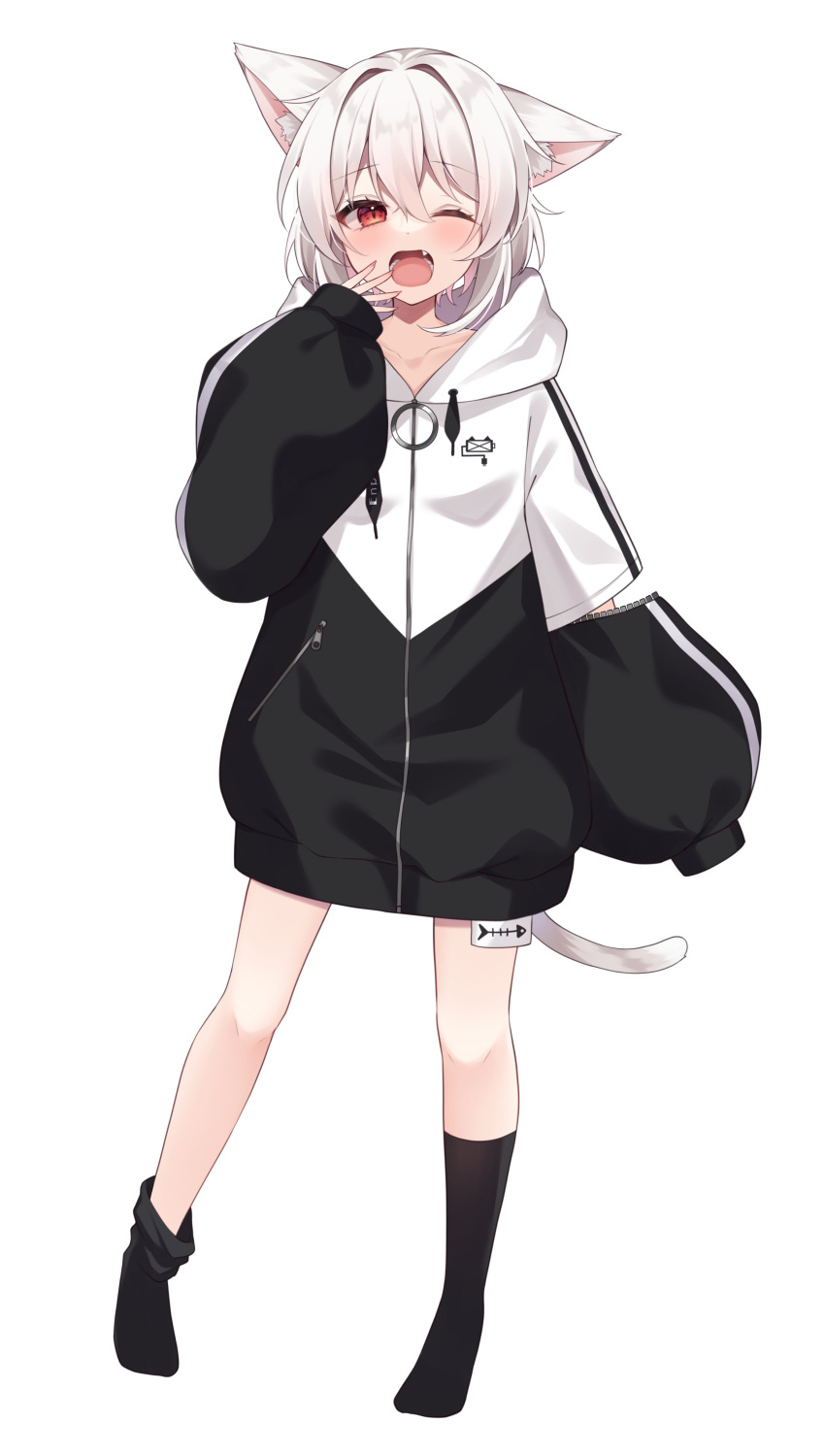 1girl absurdres animal_ear_fluff animal_ears black_hoodie black_socks cat_ears cat_girl cat_tail fang full_body highres hood hood_down hoodie long_sleeves looking_at_viewer miy@ no_pants one_eye_closed open_mouth original puffy_long_sleeves puffy_sleeves red_eyes short_hair sleeves_past_fingers sleeves_past_wrists sock_pull socks standing tail two-tone_hoodie white_hair white_hoodie yawning