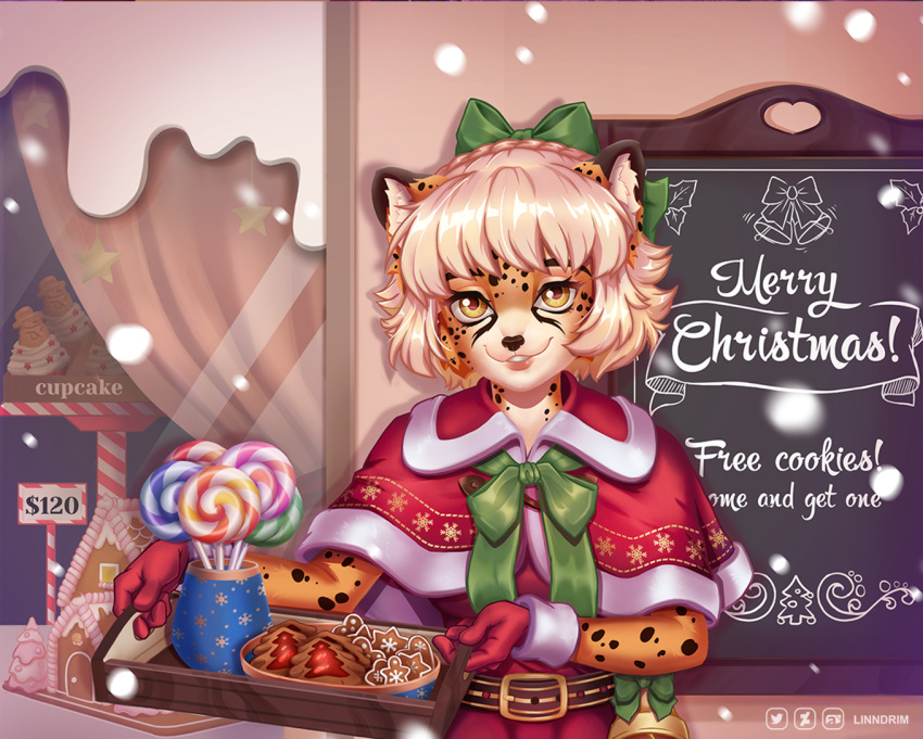 anthro candy cheetah christmas christmas_clothing christmas_headwear clothing dessert felid feline female food hat headgear headwear holidays linndrim mammal santa_hat solo sweets xmas_elf