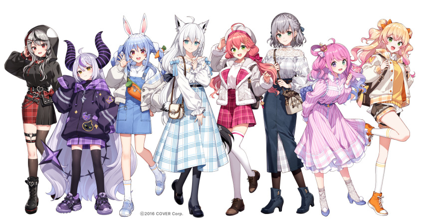 6+girls ahoge animal_ear_fluff animal_ears asymmetrical_legwear black_footwear black_hair black_pantyhose black_socks black_thighhighs blonde_hair blue_hair boots braid brown_footwear brown_pantyhose closed_mouth cross-laced_footwear double_bun dress fox_ears full_body green_eyes grey_hair grey_socks hair_bun hair_ornament heterochromia highres himemori_luna hololive jacket la+_darknesss long_hair long_sleeves mary_janes momosuzu_nene multicolored_hair multiple_girls nardack official_art open_mouth orange_footwear pantyhose pink_hair purple_footwear purple_hair rabbit_ears red_eyes sakamata_chloe sakura_miko shirakami_fubuki shirogane_noel shirt shoes short_hair simple_background single_thighhigh skirt smile sneakers socks streaked_hair teeth thigh_strap thighhighs twintails upper_teeth_only usada_pekora virtual_youtuber white_background white_hair white_headwear white_socks white_thighhighs x_hair_ornament zettai_ryouiki