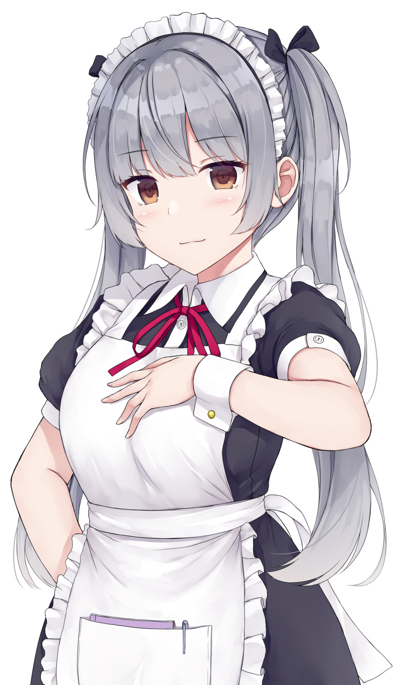 1girl apron black_dress breasts brown_eyes cowboy_shot dress frilled_apron frills grey_hair hand_on_own_hip highres long_hair maid_headdress medium_breasts mizunashi_kenichi original simple_background solo standing twintails white_apron white_background wrist_cuffs