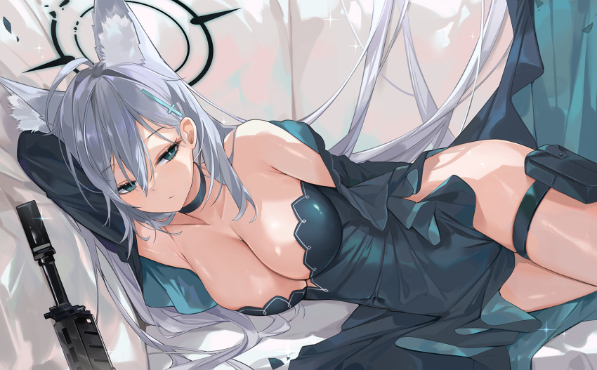 1girl animal_ear_fluff animal_ears arm_up armpits bare_shoulders black_choker black_dress black_jacket blue_archive blue_eyes breasts choker cleavage closed_mouth covered_navel dema_hmw dress expressionless extra_ears fox_ears grey_hair gun halo highres jacket large_breasts long_hair looking_at_viewer lying mismatched_pupils no_panties off_shoulder on_side open_clothes open_jacket shiroko_(terror)_(blue_archive) solo strapless strapless_dress thigh_strap thighs very_long_hair weapon