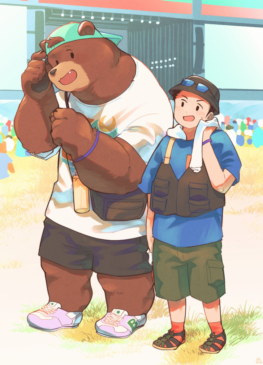 2023 anthro bear bottomwear brown_body brown_fur clothing cute_fangs detailed_background dot_eyes duo duo_focus fur group hat headgear headwear hi_res human kemono male mammal outside sawch_cls shirt shorts topwear towel