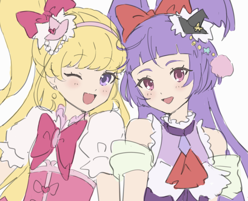 2girls :d asahina_mirai blonde_hair blush cure_magical cure_miracle earrings eyelashes frills hair_ornament hair_ribbon happy hat headband highres izayoi_liko jewelry long_hair mahou_girls_precure! mini_hat mini_witch_hat multiple_girls nemuiyoo00 one_eye_closed open_mouth pink_eyes pom_pom_(clothes) pom_pom_hair_ornament precure puffy_sleeves purple_eyes purple_hair ribbon simple_background smile white_background witch_hat