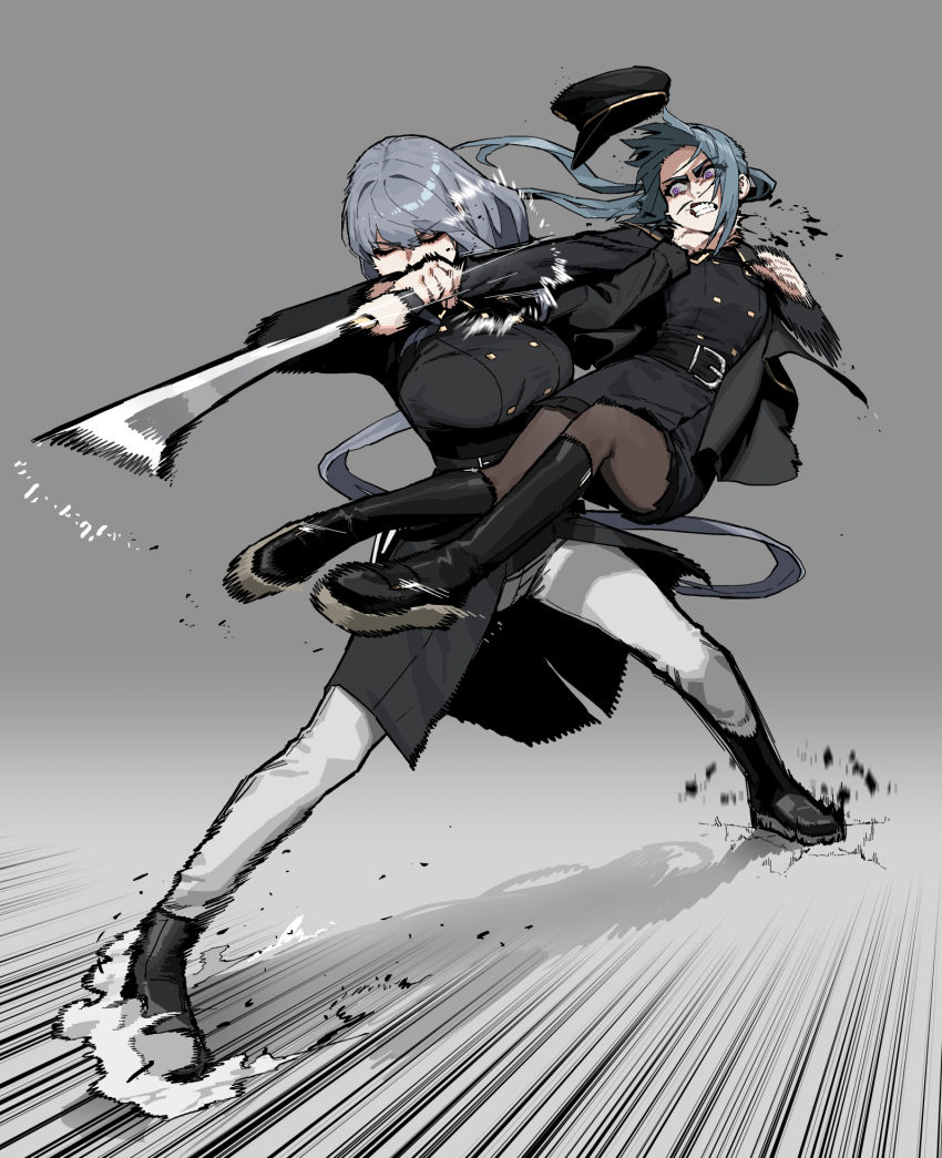 2girls belt black_belt black_coat black_footwear black_headwear black_pantyhose black_skirt blue_hair boots breasts buttons closed_eyes coat fighting flat_chest gogalking grabbing gradient_background grey_background grey_hair hat highres holding_another's_wrist large_breasts long_hair martial_arts military_hat military_uniform multiple_girls ofelia_(gogalking) original pants pantyhose pleated_skirt portia_(gogalking) purple_eyes skirt sparring speed_lines sword uniform weapon white_background white_pants
