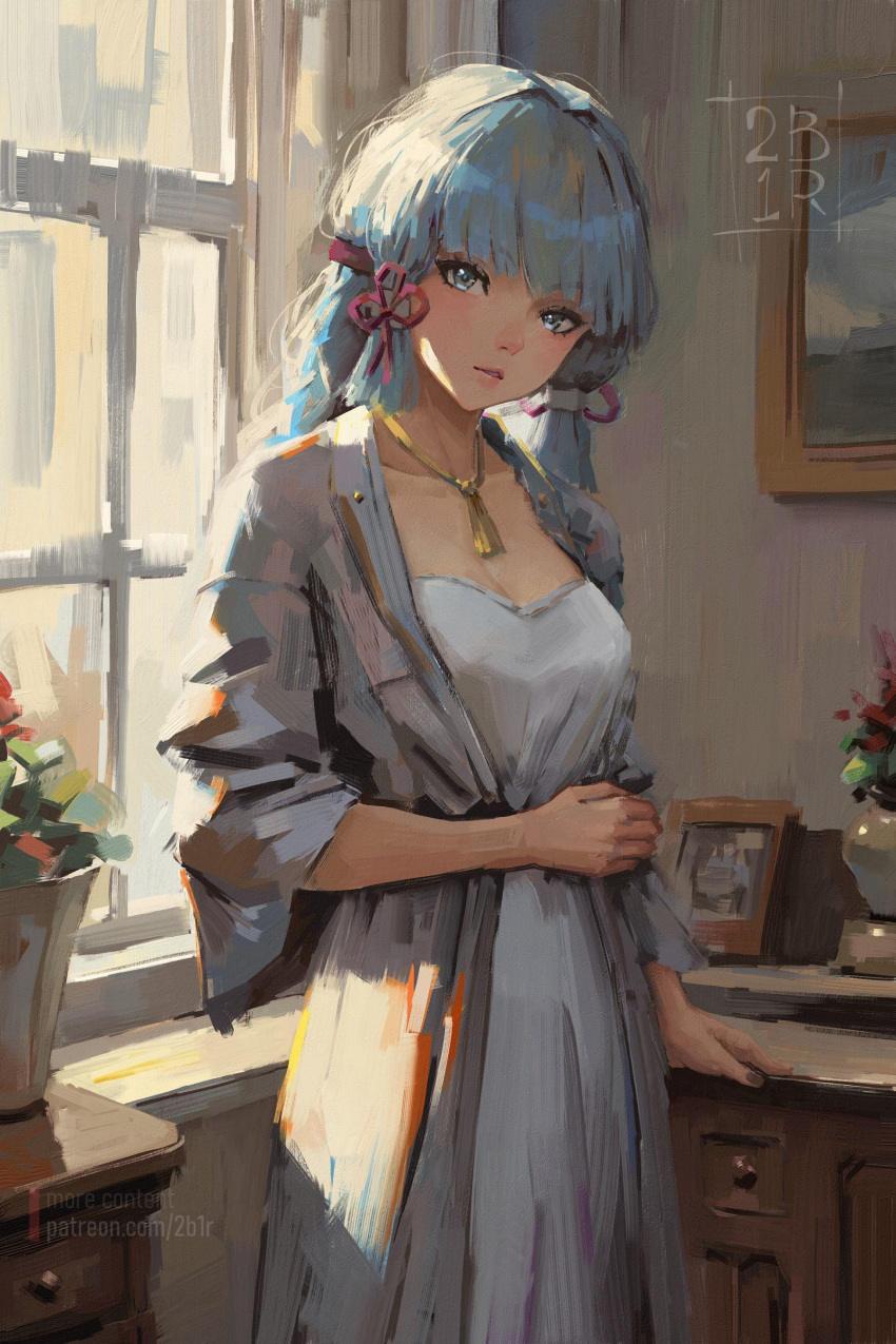 1girl absurdres artist_name blue_eyes blue_hair blunt_bangs blunt_tresses blush breasts canvas_(medium) cleavage commentary curtains dress faux_traditional_media flower genshin_impact hair_ornament hair_ribbon highres impasto indoors kamisato_ayaka long_hair looking_at_viewer painterly painting_(object) parted_lips plant potted_plant ravine_bells ribbon sidelocks small_breasts solo standing sunlight upper_body vase wide_sleeves window