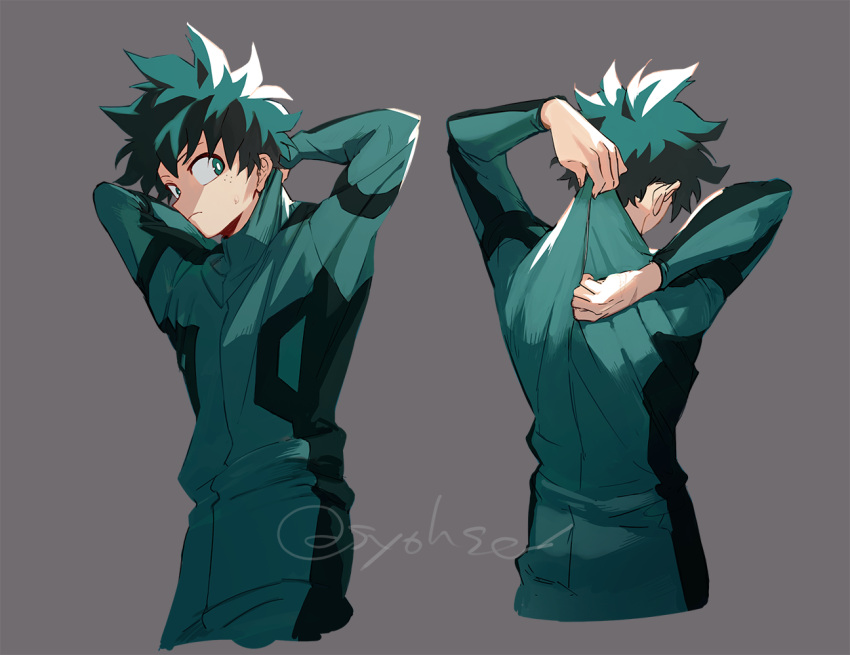 1boy adjusting_clothes arm_behind_back arm_behind_head arm_up bodysuit boku_no_hero_academia bright_pupils closed_mouth commentary_request cropped_torso freckles from_behind frown green_bodysuit green_eyes green_hair grey_background hand_up long_sleeves looking_to_the_side male_focus matsuya_(pile) midoriya_izuku multiple_views partial_commentary profile scar scar_on_hand short_hair sideways_glance simple_background sweatdrop twitter_username upper_body white_pupils