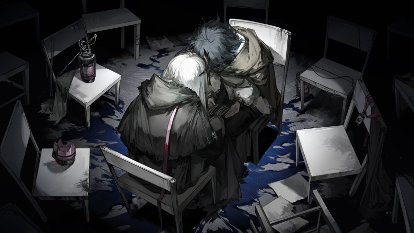 1boy 1girl arknights black_coat black_hair blood blood_on_ground blue_blood blue_hair broken_glass chair chinese_commentary coat commentary_request dongsheng facing_away feather_hair film_grain glass highres hooded_coat id_card indoors irene_(arknights) lantern lanyard long_hair long_sleeves looking_down lumen_(arknights) mixed-language_commentary rapier shirt skeletal_hand sword weapon white_hair white_shirt