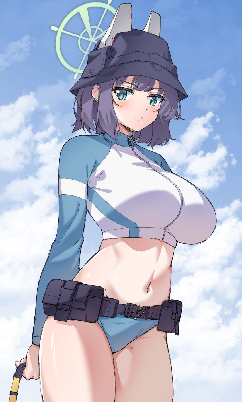 1girl absurdres arms_behind_back belt bikini black_hair blue_archive blush bodysuit breasts closed_mouth cloud cloudy_sky cowboy_shot day diving_suit hair_between_eyes halo highres large_breasts looking_at_viewer midriff mzrz navel revision saki_(blue_archive) saki_(swimsuit)_(blue_archive) sky solo standing stomach swimsuit thighs wetsuit zipper