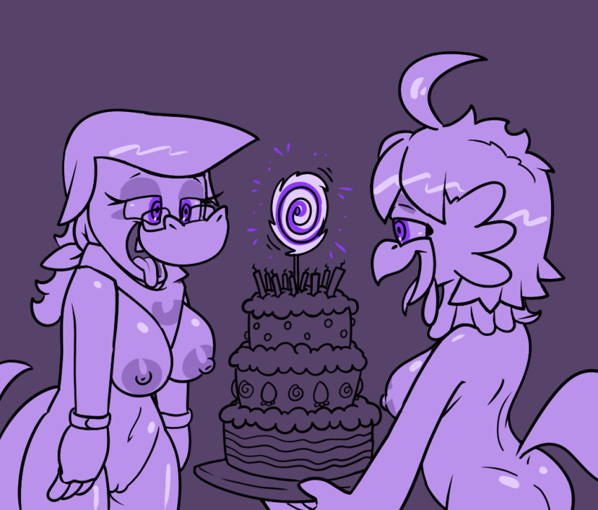 2022 ahoge anthro avian avian_caruncle bandanna big_breasts big_nipples bird birthday_cake black_pupils breasts cake clothing comb_(anatomy) cute_fangs dessert duo eyewear female fingerless_gloves food fruit genitals glasses gloves hair handwear happy head_crest holding_cake holding_food holding_object hypnosis kerchief lizard mind_control mostly_nude nipples nude open_mouth plant puchipi pupils purple_eyes pussy raised_hand reptile restricted_palette scalie simple_background smile spiral_eyes standing strawberry tongue tongue_out ulti_(ultilix) yellow_background