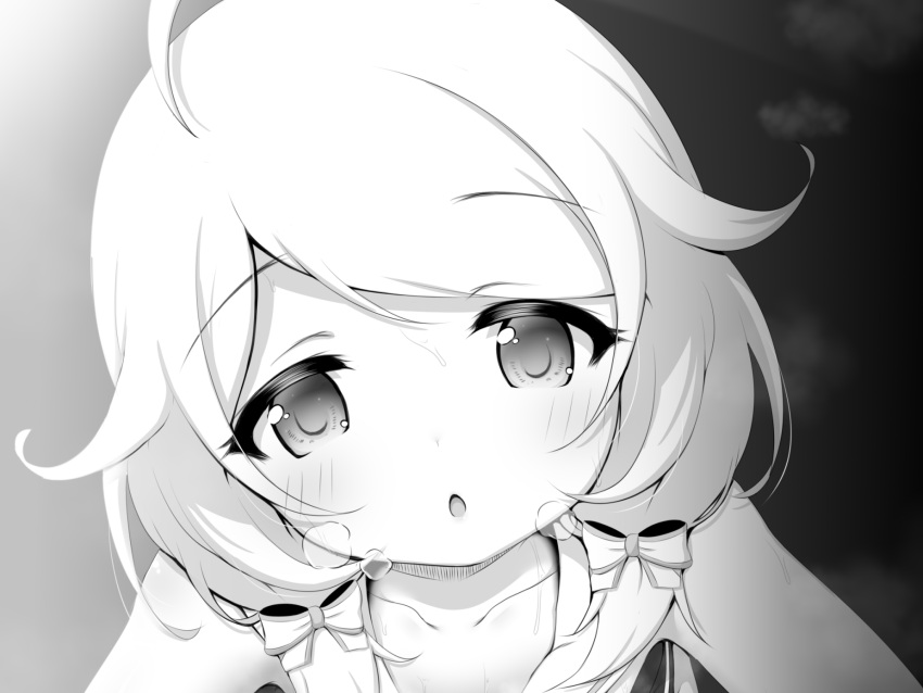 1girl :o ahoge black_background blush bow collarbone commentary dress greyscale hair_bow hair_flaps highres hosizora_mikoto idolmaster idolmaster_cinderella_girls idolmaster_cinderella_girls_u149 looking_at_viewer low_twintails medium_hair monochrome pov solo steam sweat twintails upper_body yusa_kozue