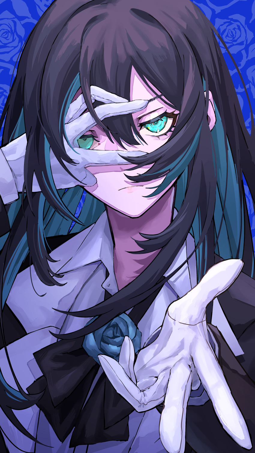 1girl absurdres ado_(utaite) alternate_eye_color aqua_eyes aqua_hair black_bow black_bowtie black_hair blue_flower blue_hair blue_rose bow bowtie closed_mouth cloud_nine_inc collared_shirt colored_inner_hair floral_background flower formal frown gloves glowing glowing_eyes green_eyes hair_between_eyes hand_over_eye highres long_hair long_sleeves looking_at_viewer looking_through_fingers mujikuro multicolored_hair outstretched_arm outstretched_hand rose shirt solo streaked_hair suit_jacket upper_body white_gloves white_shirt wing_collar