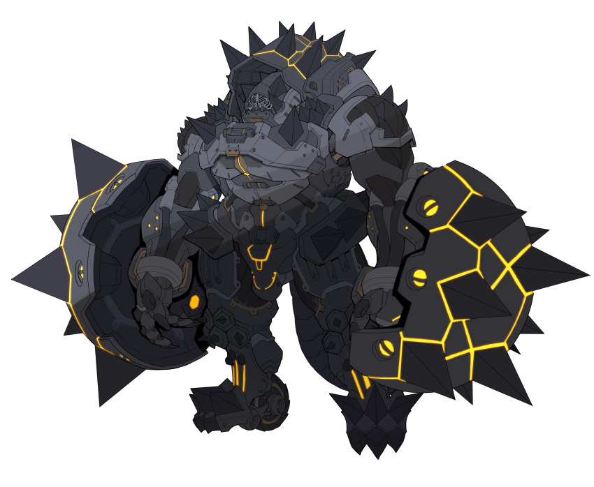 absurdres armor black_armor catball1994 highres kaijuu magular_(ultraman) mechanization monster power_armor shoulder_spikes spiked_kneepads spiked_shield spiked_tail spikes standing tail ultra_series ultraman_(1st_series) white_background yellow_eyes