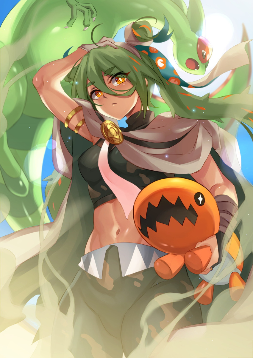 1girl arm_up black_pants brown_cape cape commentary dragon fangs flygon green_hair ground_miku_(project_voltage) hatsune_miku highres inue_ao long_hair looking_down midriff navel orange_eyes pants pokemon pokemon_(creature) project_voltage trapinch very_long_hair vocaloid