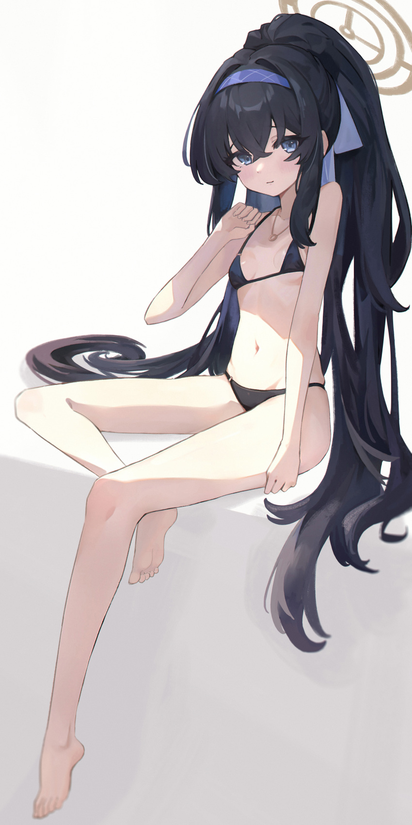 1girl absurdres barefoot bikini black_bikini black_hair blue_archive blue_eyes blue_hairband blush breasts closed_mouth commentary crossed_bangs full_body hair_between_eyes hairband halo hand_up highres invisible_chair jewelry long_hair looking_at_viewer navel official_alternate_costume pendant ponytail sitting skinny small_breasts solo swimsuit toes ui_(blue_archive) ui_(swimsuit)_(blue_archive) very_long_hair white_background xsan yellow_halo