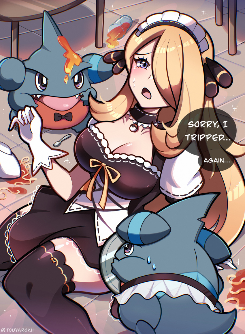 1girl absurdres accident alternate_costume black_bow black_bowtie black_dress blonde_hair bow bowl bowtie breasts choker cleavage clumsy cup cynthia_(pokemon) dress english_text enmaided frills gible gloves grey_eyes hair_ornament hair_over_one_eye highres large_breasts long_hair looking_at_viewer maid maid_headdress on_floor open_mouth poke_ball poke_ball_(basic) pokemon pokemon_(creature) pokemon_(game) pokemon_dppt speech_bubble spill spoon sweat table tears touyarokii tray very_long_hair white_gloves zettai_ryouiki