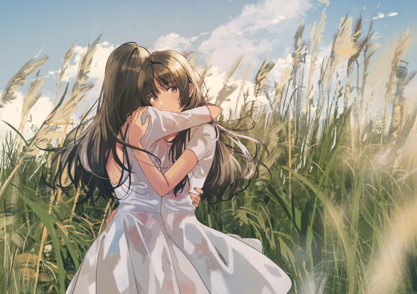 2girls cloud day dress field fly_(marguerite) grass hand_on_another's_shoulder hand_on_another's_waist highres hug long_hair looking_at_viewer multiple_girls original outdoors pinafore_dress sky sleeveless sleeveless_dress tall_grass third-party_source white_dress yuri