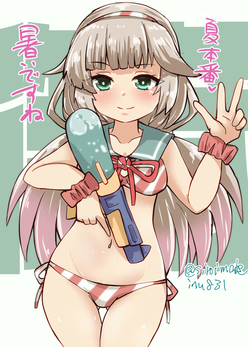 1girl absurdres alternate_costume bikini blue_sailor_collar breasts character_name commentary_request cowboy_shot green_eyes grey_hair hairband highres kantai_collection kitahama_(siroimakeinu831) long_hair looking_at_viewer low_twintails mikura_(kancolle) navel one-hour_drawing_challenge red_bikini red_scrunchie sailor_bikini sailor_collar scrunchie side-tie_bikini_bottom small_breasts solo striped striped_bikini swimsuit twintails twitter_username v water_gun white_background wrist_scrunchie