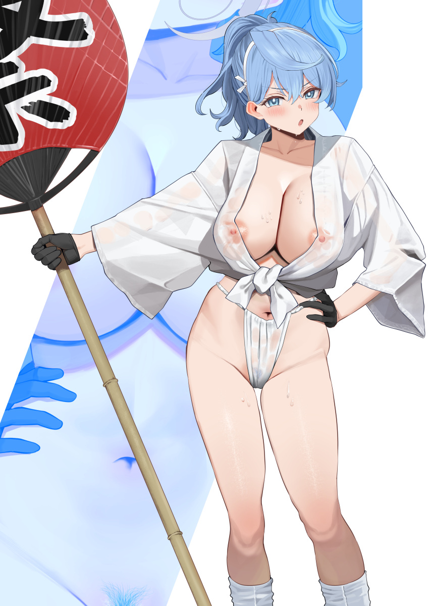 1girl absurdres ako_(blue_archive) black_gloves blue_archive blue_eyes blue_hair breasts cleavage collarbone covered_nipples feet female_pubic_hair fundoshi gloves groin halo hand_fan hand_on_own_hip happi highres japanese_clothes large_breasts looking_at_viewer navel paper_fan ponytail pubic_hair ramanda see-through see-through_shirt shirt socks solo sweat tied_shirt white_shirt white_socks