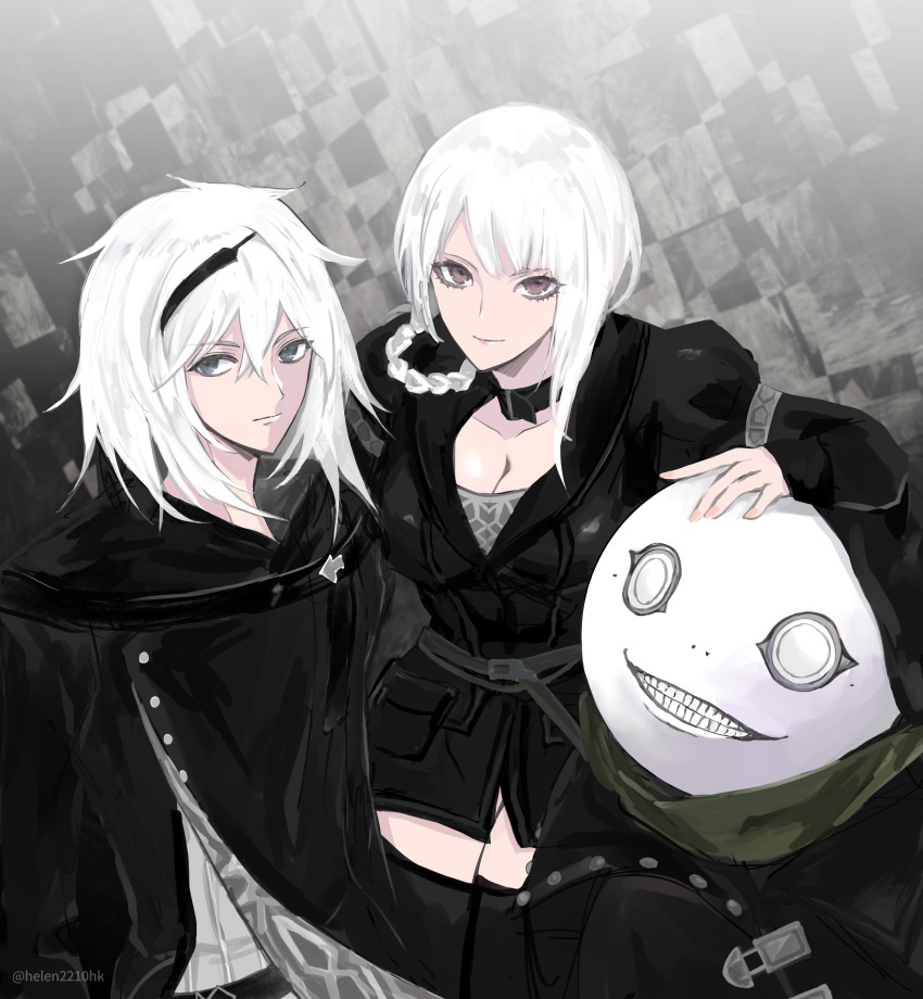 1girl 2boys absurdres belt_collar black_jacket breasts brown_eyes cleavage collar emil_(nier) grey_eyes hairband hand_on_another's_head hele highres jacket kaine_(nier) leaning_forward looking_at_viewer mask multiple_boys nier nier_(series) nier_(young) nier_reincarnation official_alternate_costume white_hair