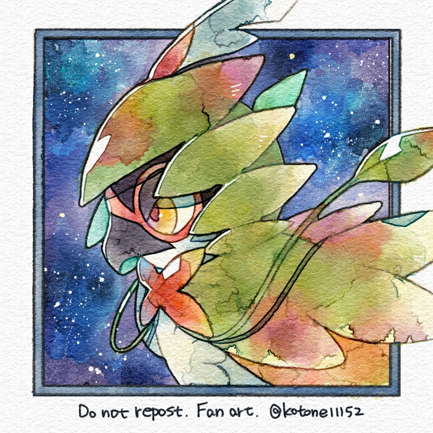 bird border brown_pupils closed_mouth commentary_request decidueye from_side highres kotone11152 no_humans pokemon pokemon_(creature) solo traditional_media twitter_username upper_body yellow_eyes