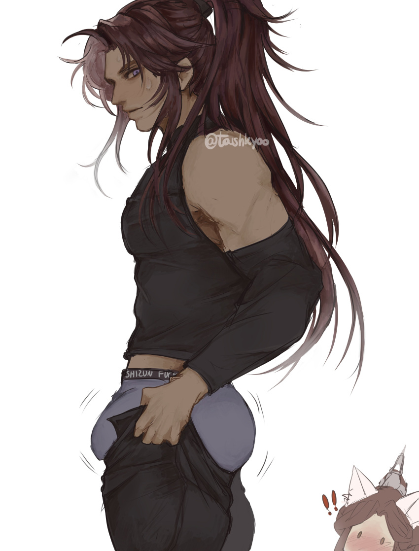 ! !! 1boy 1other absurdres animal_ears ass bare_shoulders bishounen bouncing_ass bouncing_bulge brown_hair bulge bulge_lift cat_ears check_copyright chu_(taishkyoo) copyright_request dark-skinned_male dark_skin detached_sleeves dressing feet_out_of_frame from_side highres long_hair looking_at_viewer male_focus meme motion_lines never_seen_a_guy_recreate_this_(meme) open_pants original pants pants_lift pectorals ponytail solo_focus standing thick_eyebrows undersized_clothes