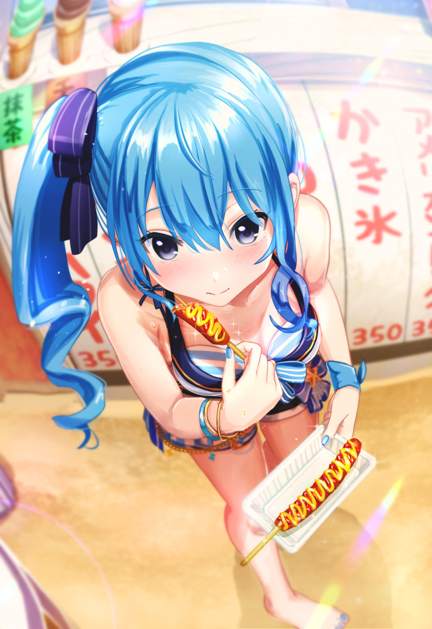 1girl aiuabo alternate_breast_size armpit_crease bare_legs barefoot bikini bikini_skirt blue_eyes blue_hair blue_nails blurry blurry_background blush bow breasts closed_mouth collarbone depth_of_field eating full_body hair_between_eyes hair_ribbon highres holding hololive hololive_summer_2023_swimsuit hoshimachi_suisei hot_dog lens_flare long_hair looking_at_viewer medium_breasts nail_polish official_alternate_costume outdoors purple_ribbon ribbon side_ponytail sidelocks solo standing striped striped_bikini striped_bow swimsuit toenail_polish toenails toes virtual_youtuber