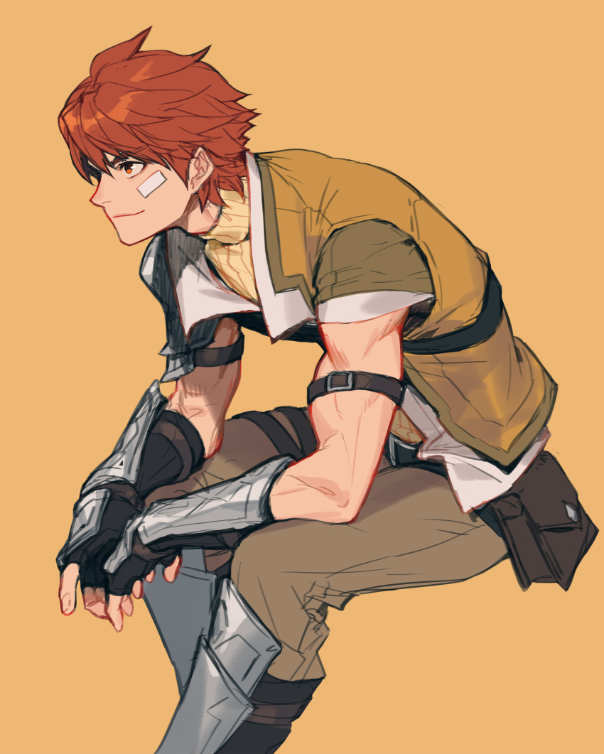 1boy absurdres arm_belt arm_guards armor belt belt_buckle black_belt black_gloves brown_belt brown_hair brown_pants buckle closed_mouth fingerless_gloves gloves greaves hair_between_eyes haje highres leaning_forward leg_armor mabinogi male_focus orange_background orange_eyes pants ruairi short_hair shoulder_armor sitting smile solo turtleneck