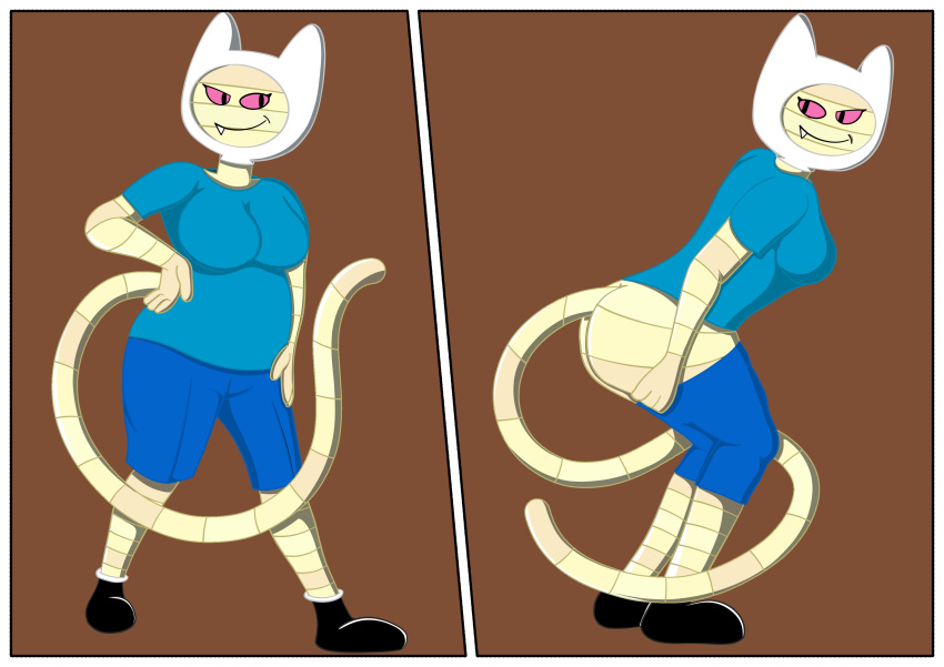 absurd_res adventure_time anthro ass_out bent_over bottomwear butt cartoon_network clothed clothing cosplay crossdressing domestic_cat felid feline felis female finn_the_human footwear hi_res mammal me-mow moopsart red_sclera removing_pants removing_shorts shoes shorts solo undressing
