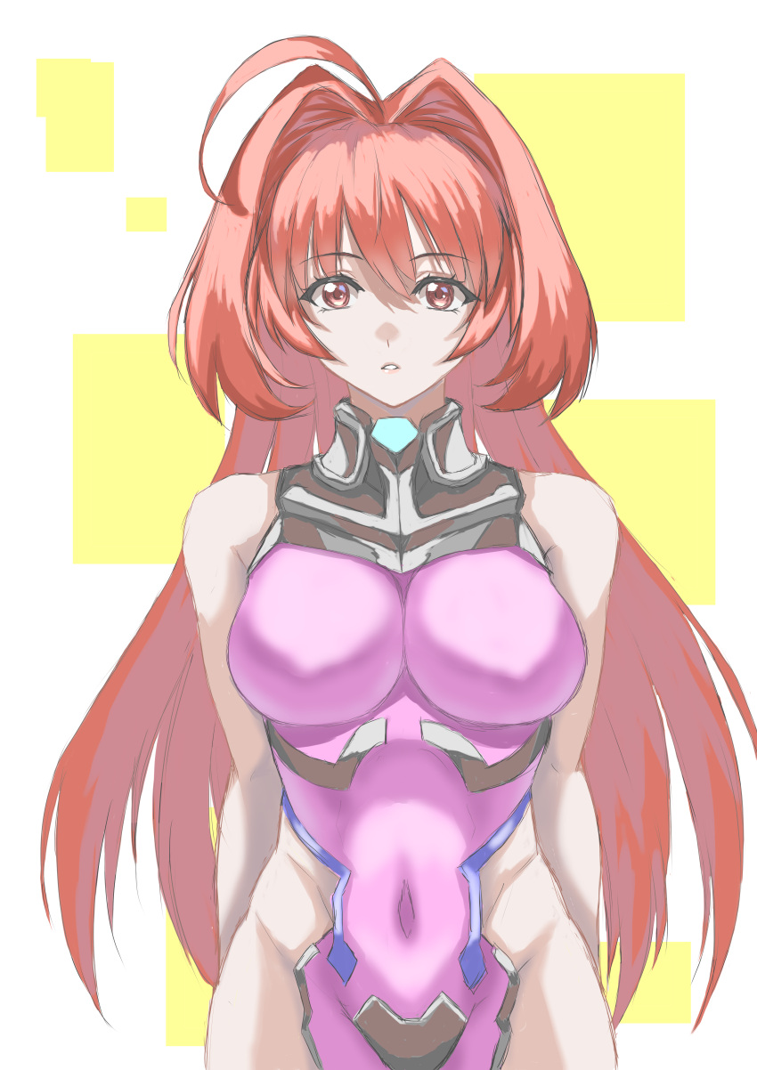 1girl absurdres adapted_costume ahoge arms_behind_back bodysuit breasts covered_navel expressionless fortified_suit gonrikiya groin hair_intakes highres hip_vent kagami_sumika long_hair looking_at_viewer medium_breasts muv-luv muv-luv_alternative parted_lips pink_bodysuit red_eyes skin_tight sleeveless sleeveless_bodysuit solo straight-on very_long_hair