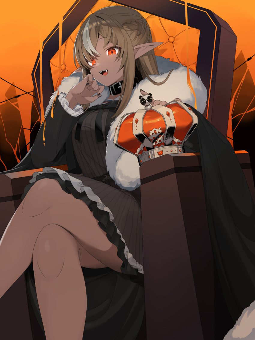 1girl absurdres black_cape black_nails blonde_hair braid cape crossed_legs crown crown_removed dark-skinned_female dark_skin dress elf fang french_braid fur-trimmed_cape fur_trim grey_dress half_updo highres hololive long_hair looking_at_viewer mikukana133 multicolored_hair nail_polish official_alternate_costume official_alternate_hairstyle open_mouth orange_eyes pinstripe_dress pinstripe_pattern pointy_ears shiranui_flare short_dress sidelocks sitting solo streaked_hair striped striped_dress throne vertical-striped_dress vertical_stripes virtual_youtuber