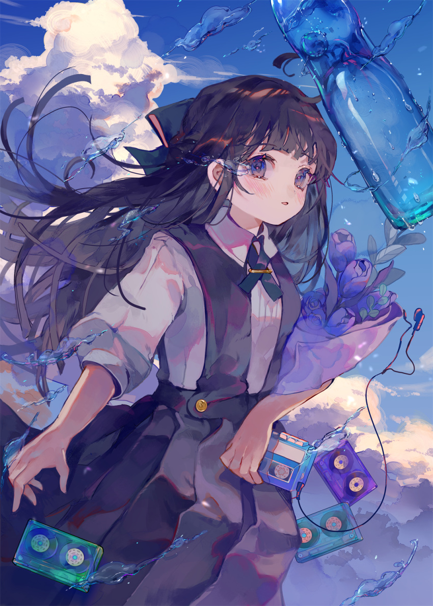 1girl black_hair black_ribbon black_skirt blue_eyes blue_flower blue_sky bottle bouquet cassette_player cassette_tape cha_goma cloud collared_shirt comiket_102 commentary_request earbuds earphones flower hair_ribbon highres holding holding_bouquet long_hair long_skirt looking_at_viewer open_mouth original outdoors ribbon shirt skirt sky solo water white_shirt