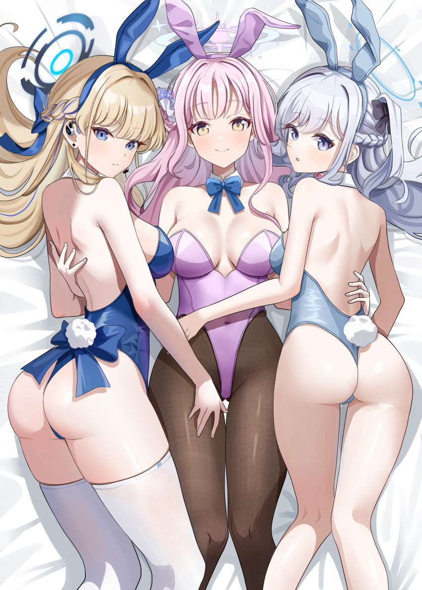 3girls :o absurdres animal_ears ass ass_visible_through_thighs backless_leotard bare_arms bare_shoulders bed_sheet black_bow black_pantyhose blonde_hair blue_archive blue_bow blue_bowtie blue_eyes blue_hair blue_leotard bow bowtie braid breasts closed_mouth commentary covered_navel detached_collar earpiece fake_animal_ears fake_tail from_above grey_hair grey_leotard hair_bow hair_bun halo hand_on_another's_thigh highleg highleg_leotard highres large_breasts leotard light_blush long_hair looking_at_viewer lying mika_(blue_archive) miyako_(blue_archive) multicolored_hair multiple_girls musson official_alternate_costume on_back on_side one_side_up pantyhose parted_lips pink_hair pink_leotard playboy_bunny purple_eyes rabbit_ears rabbit_tail single_side_bun smile strapless strapless_leotard streaked_hair tail thighhighs thong_leotard toki_(blue_archive) toki_(bunny)_(blue_archive) white_thighhighs yellow_eyes