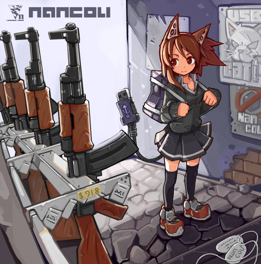 1girl ak-47 animal_ears armory artist_name assault_rifle backpack bag black_thighhighs brown_eyes brown_hair cobblestone commentary_request dog_tags fake_animal_ears gun gun_rack highres kalashnikov_rifle nancou_(nankou) original pleated_skirt poster_(object) price price_tag rifle ringed_eyes shoes shop skirt sneakers solo tail thighhighs usb weapon weapon_shop zettai_ryouiki