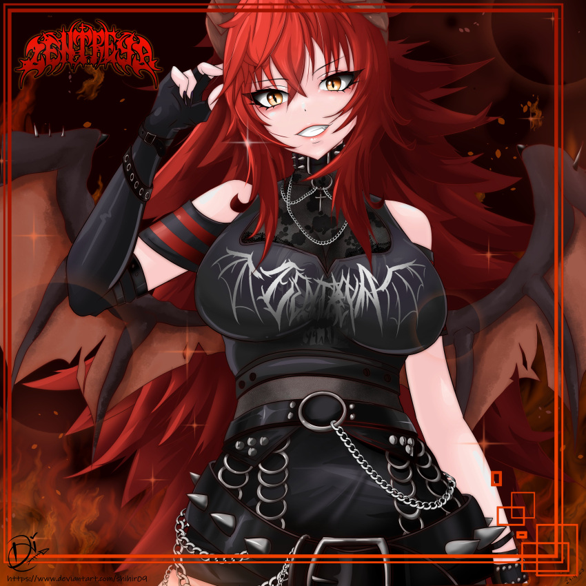 1girl absurdres belt black_belt black_gloves black_nails black_tank_top breasts character_name choker clothes_writing dragon_girl dragon_horns dragon_wings elbow_gloves gloves highres horns large_breasts looking_at_viewer nail_polish red_hair shihir09 slit_pupils smile solo spiked_belt spiked_choker spiked_hair spikes tank_top virtual_youtuber vshojo wings yellow_eyes zentreya zentreya_(dragon) zentreya_(dragon)_(3rd_costume)