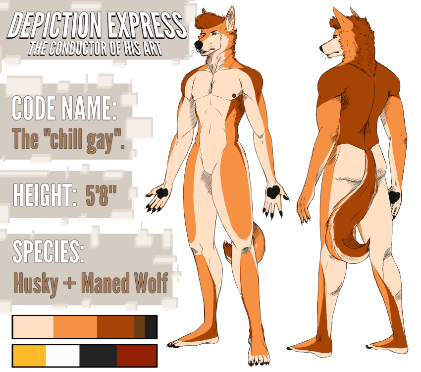5_fingers 5_toes anthro artist_logo barefoot black_pawpads canid canine canis chart color_swatch concept_art conductor_ramirez_(depictionexpress) cross-hatching depictionexpress domestic_dog duo english_text featureless_crotch feet fingers full-length_portrait fur hair hatching_(art) height_chart hi_res husky jewelry logo male mammal maned_wolf model_sheet multicolored_body multicolored_fur nickname nipples nordic_sled_dog nude pattern_background pawpads paws piercing portrait shaded simple_background slim_anthro slim_male species_description spitz text toes wavy_hair