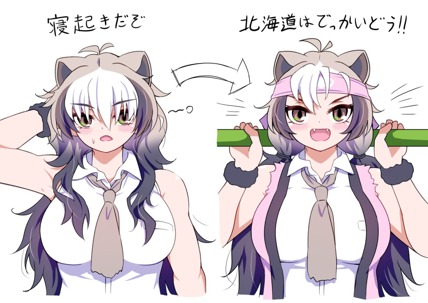 1girl ahoge animal_ears bad_link bare_arms bare_shoulders bear_ears black_hair breast_pocket breasts brown_eyes ezo_brown_bear_(kemono_friends) fangs headband highres kemono_friends large_breasts long_hair looking_at_viewer mamiyama necktie open_mouth pocket shirt sleeveless torn_clothes torn_sleeves translation_request twintails upper_body very_long_hair white_background white_hair white_shirt wing_collar