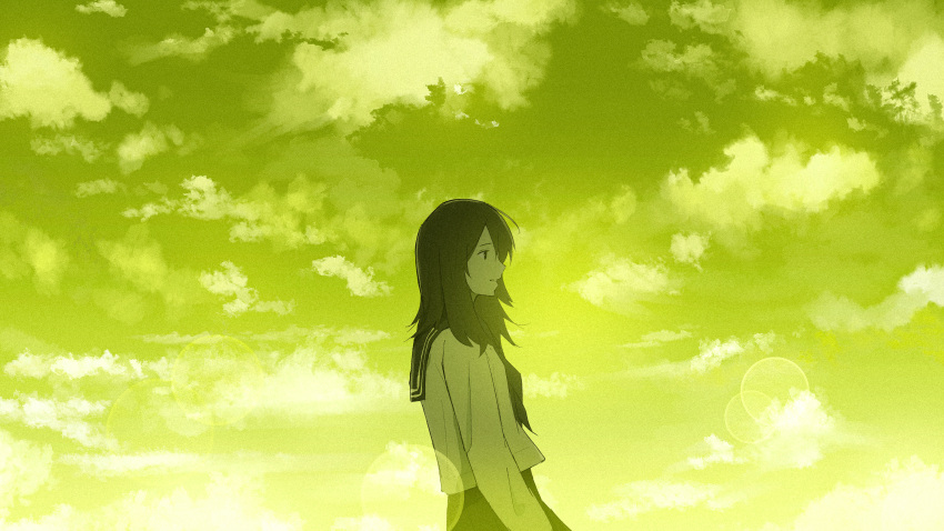 1girl absurdres arms_at_sides black_eyes black_hair black_neckerchief black_sailor_collar black_skirt closed_mouth cloud cloudy_sky day from_side green_sky hair_between_eyes highres lens_flare long_hair long_sleeves looking_ahead neckerchief oka_kojiro original outdoors pleated_skirt profile sailor_collar shirt sidelocks skirt sky solo straight_hair white_shirt