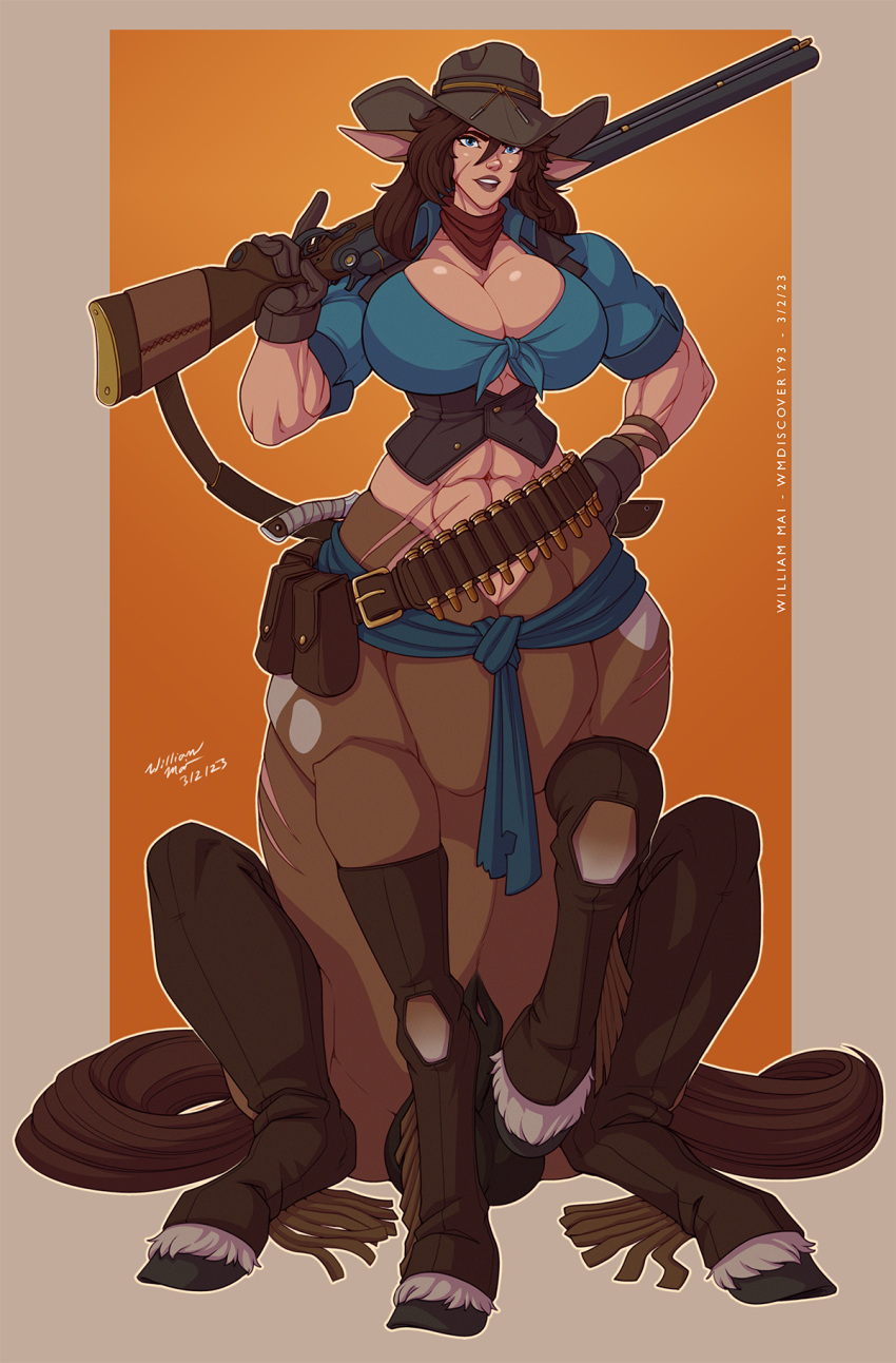 abs ammo_belt animal_genitalia big_breasts breasts centaur cleavage clothed clothing cowboy_hat double_barrel_shotgun equid equid_taur genitals gloves gun gynomorph handwear hat headgear headwear hi_res hooves humanoid_taur intersex mammal mammal_taur muscular muscular_gynomorph muscular_intersex neckerchief ranged_weapon scar sheath shotgun taur weapon wide_brim_hat wmdiscovery93