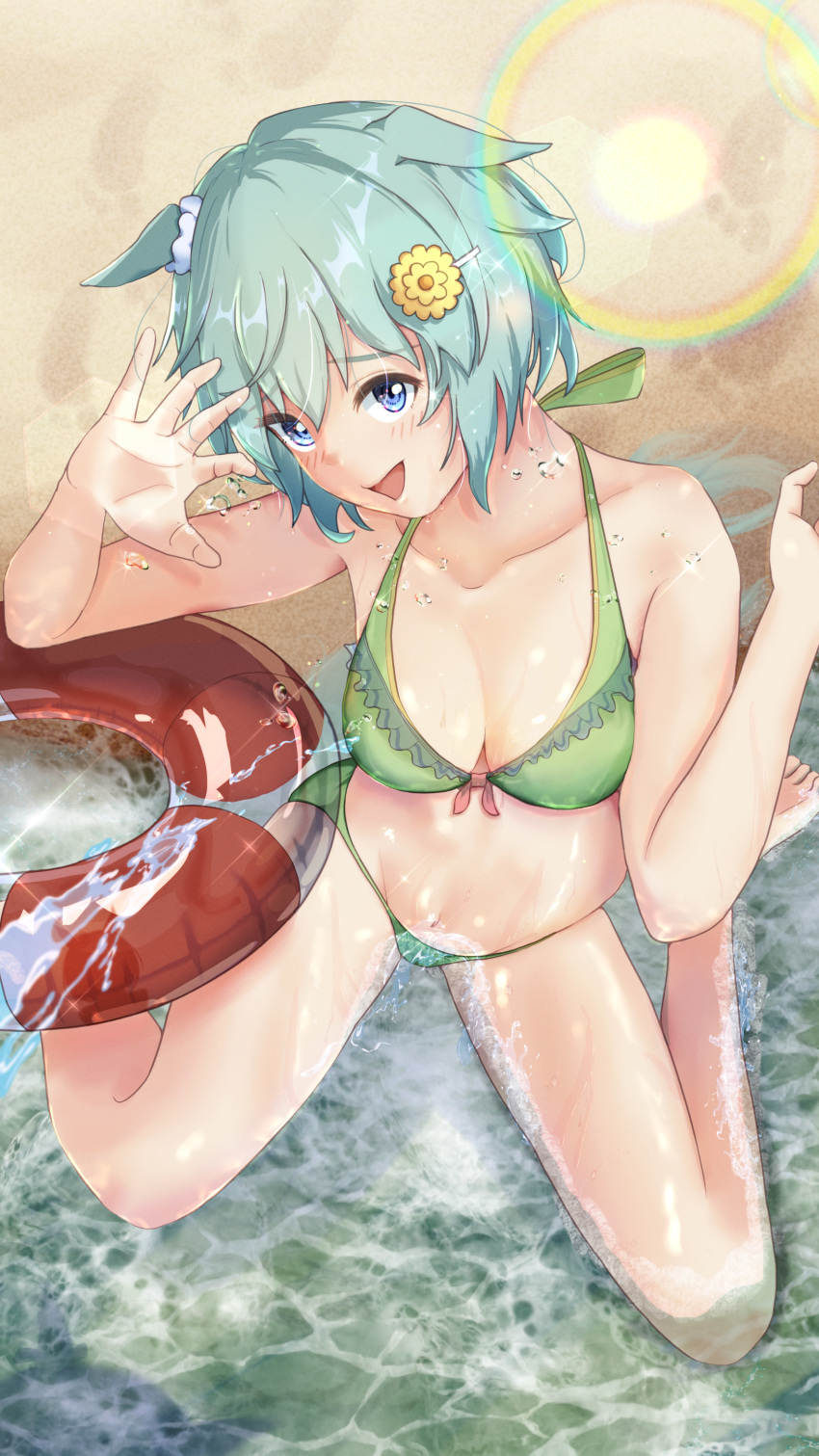 1girl absurdres adlib alternate_costume animal_ears bare_shoulders beach bikini blue_eyes breasts cleavage commentary_request ear_covers ears_down green_bikini green_hair hair_ornament hairclip highres horse_ears horse_girl horse_tail lens_flare looking_at_viewer ocean on_ground open_mouth outdoors red_innertube sand seiun_sky_(umamusume) short_hair single_ear_cover sitting small_breasts smile solo summer swimsuit tail umamusume wariza water wet