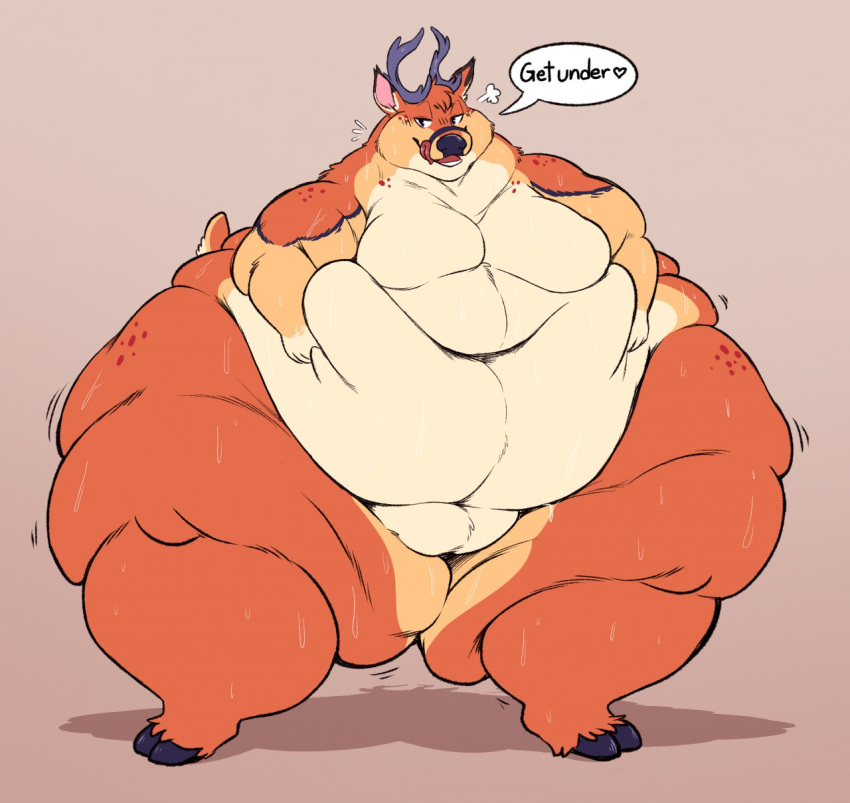 anthro antlers big_butt big_moobs bodily_fluids butt deer dialogue digital_media_(artwork) fur hi_res horn huge_belly huge_butt huge_thighs hyper hyper_hips hyper_thighs jiggling licking licking_lips male mammal moobs morbidly_obese morbidly_obese_anthro morbidly_obese_male navel nude obese obese_anthro obese_male oreocakes overweight overweight_anthro overweight_male ray_the_buck simple_background smile solo speech_bubble sweat sweaty_body sweaty_fur text thick_calves thick_thighs tongue tongue_out wide_hips