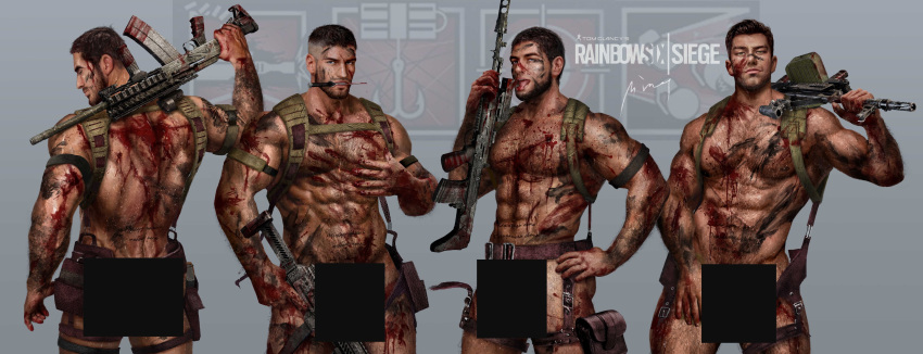 4boys abs absurdres armband artbyming ass back bara belt black_hair blood blood_on_clothes blood_on_face briefs brown_belt bulge censored copyright_name facepaint facial_hair fuze_(rainbow_six_siege) glaz_(rainbow_six_siege) gun highres holding holding_gun holding_weapon kapkan_(rainbow_six_siege) knife large_pectorals male_focus male_pubic_hair male_underwear multiple_boys muscular muscular_male navel nipples nude pectorals penis penis_peek pubic_hair rainbow_six_siege short_hair tachanka_(rainbow_six_siege) tongue tongue_out underwear weapon weapon_in_mouth