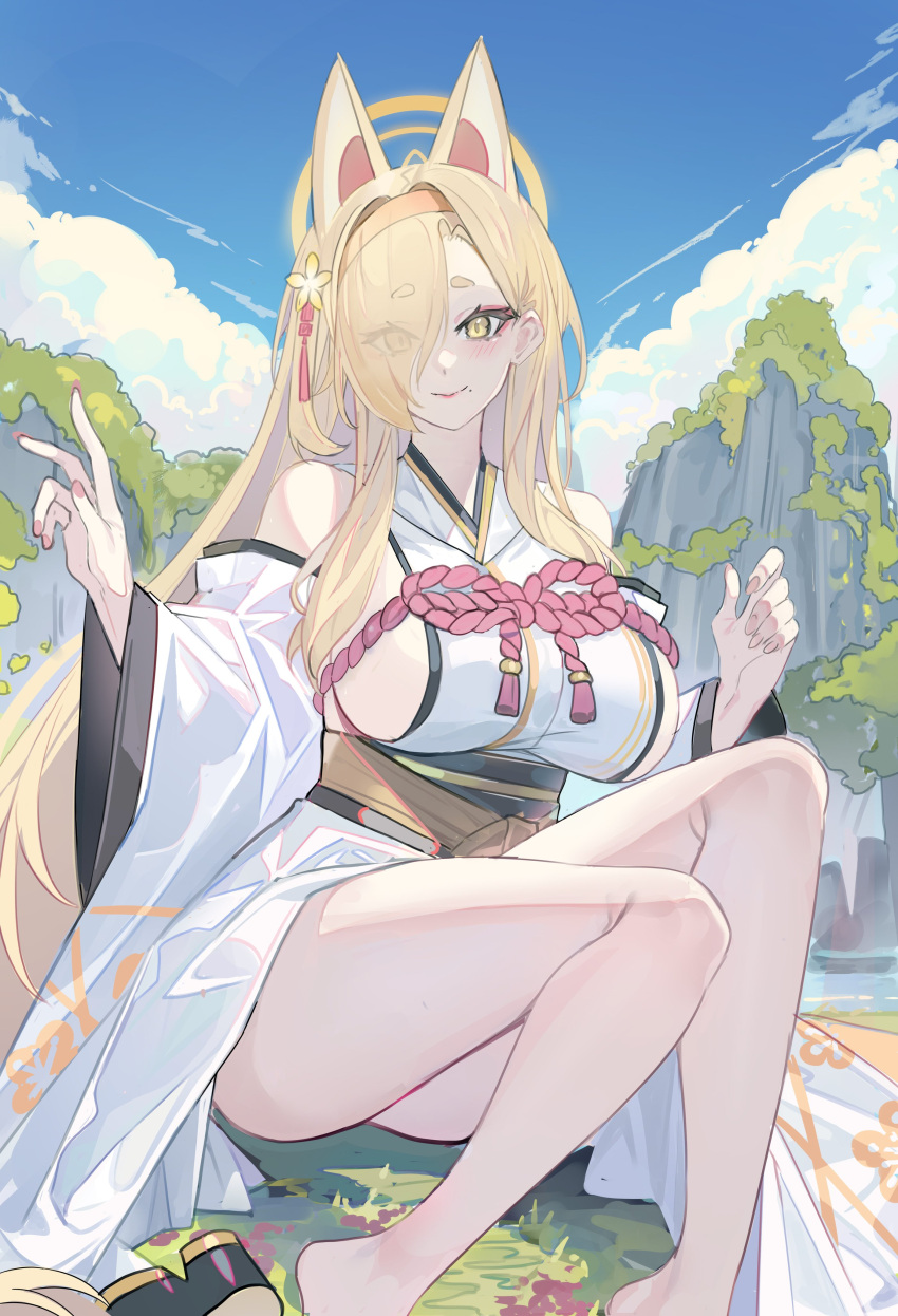 1girl absurdres animal_ears barefoot blue_archive blue_sky blush breasts echj fox_ears hair_over_one_eye hairband hakama highres japanese_clothes kaho_(blue_archive) kimono large_breasts legs long_hair looking_at_viewer mole mole_under_mouth nail_polish orange_hairband orange_halo outdoors sideboob sitting sky sleeveless sleeveless_kimono smile solo thick_eyebrows thighs very_long_hair white_hakama white_kimono wide_sleeves yellow_eyes yellow_hairband yellow_halo
