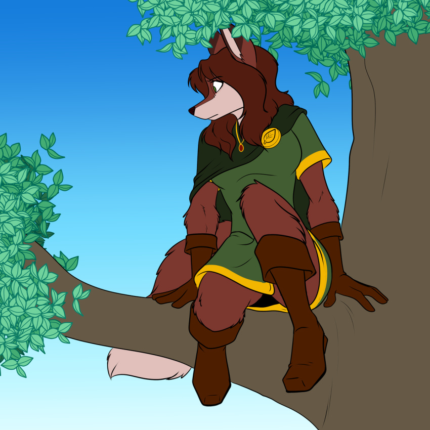 1:1 anthro boots breasts brown_body brown_fur brown_hair canid canine cape clothed clothing diana_artemis dipstick_tail female footwear fox foxenawolf fur gloves gradient_background green_eyes hair handwear hi_res mammal markings plant simple_background solo tail tail_markings tree