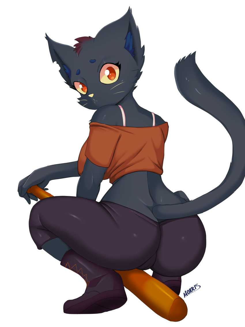 2023 3:4 absurd_res anthro artist_name baseball_bat bat_(object) big_breasts big_butt black_body black_fur black_hair boots bottomwear bra_strap breasts butt clothing crouching domestic_cat eyebrows felid feline felis female footwear fur hair hi_res inner_ear_fluff looking_at_viewer looking_back mae_borowski mammal morris_(artist) night_in_the_woods notched_ear pants red_eyes shirt short_hair simple_background solo tank_top topwear tuft whiskers white_background